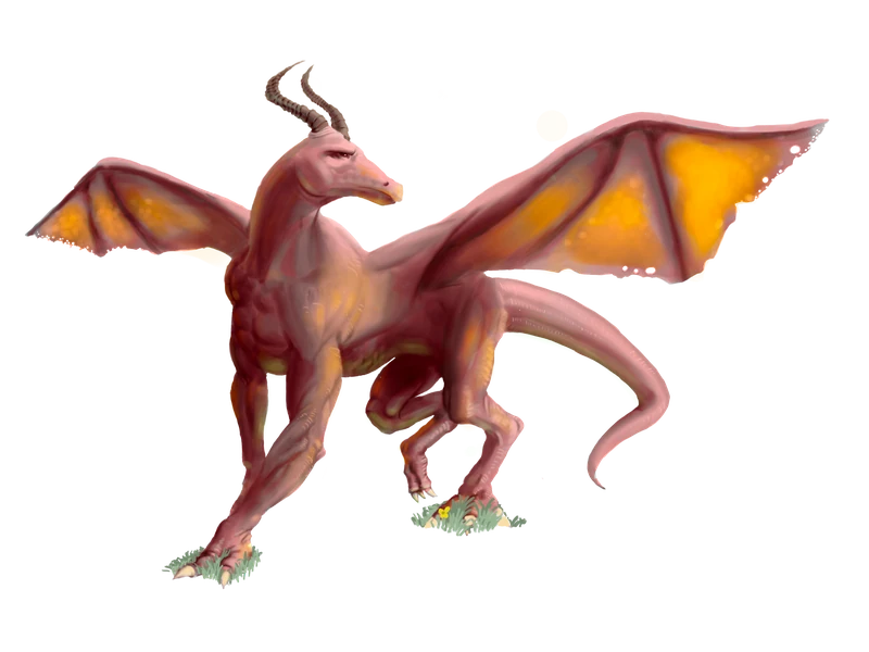 Artwork by David: a pink dragon with extended wings and glowing gold-colored wing membranes