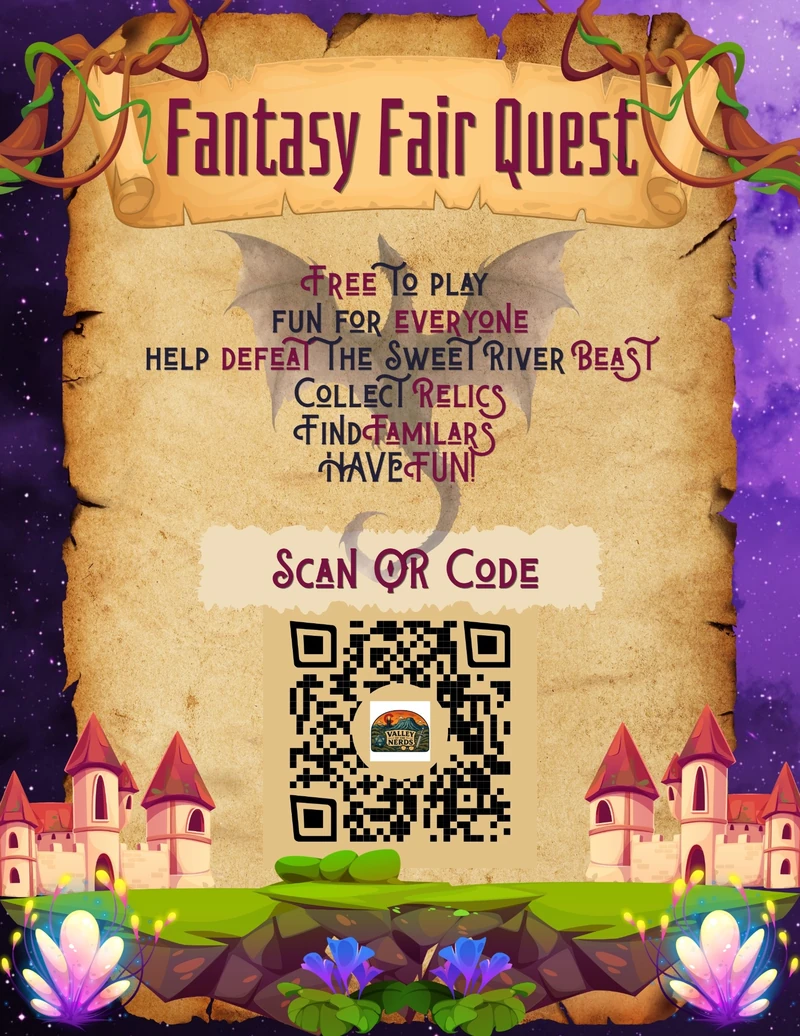 Fantasy Fair Quest poster inviting players to defeat the Sweet River Beast, collect relics and find familiars