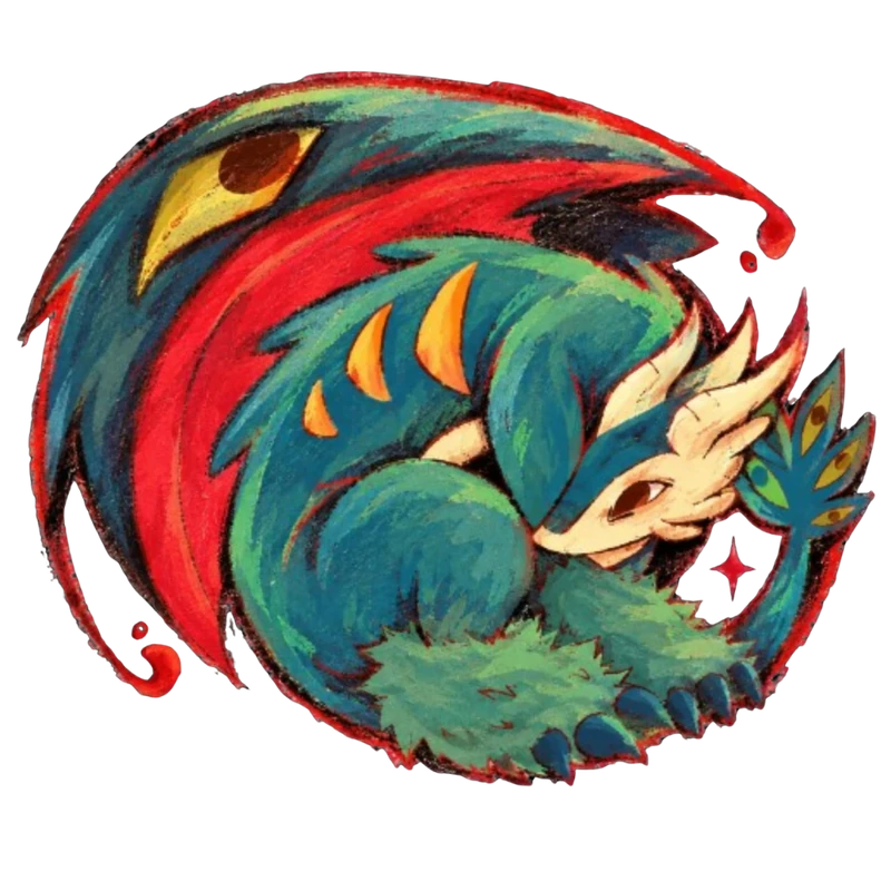 Artwork by Jubilee: a curled teal fantasy creature with cream-colored horns and vivid red wings