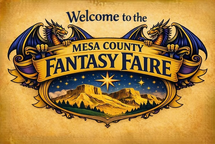 Mesa County Fantasy Faire artwork with dragons and Grand Valley scenery